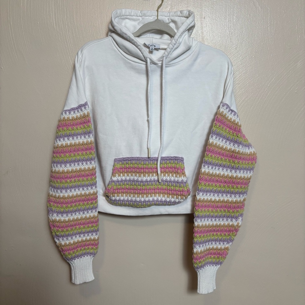 FATE Women's Sweatshirt Hoodie‎ Knitted Details Sleeves Pouch Pocket White Small - Picture 2 of 7